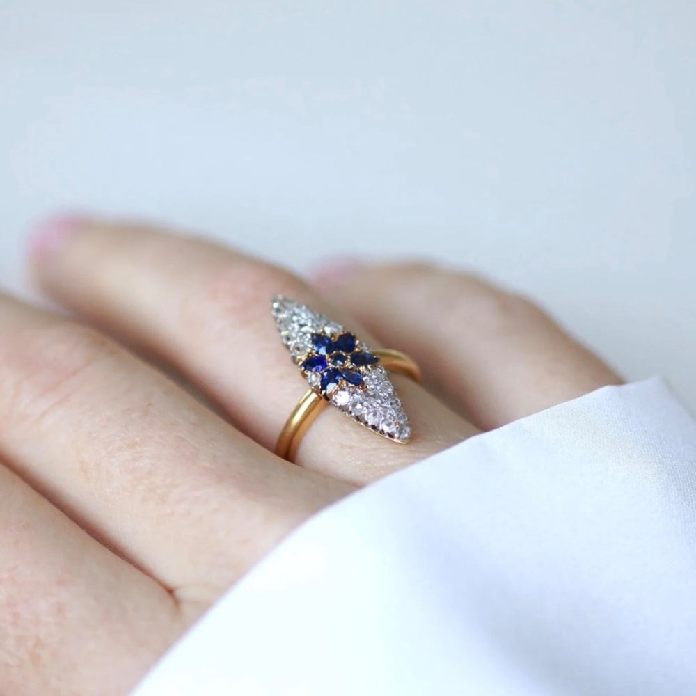 French Antique Diamond and Sapphires Marquis Flower Ring - Picture 2 of 6